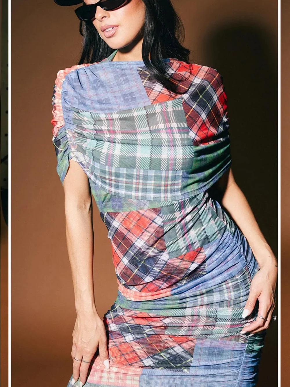 Dressed in Lala Girl From Mars Mesh Dress + Shawl in Mixed Plaids - Picture 6 of 15